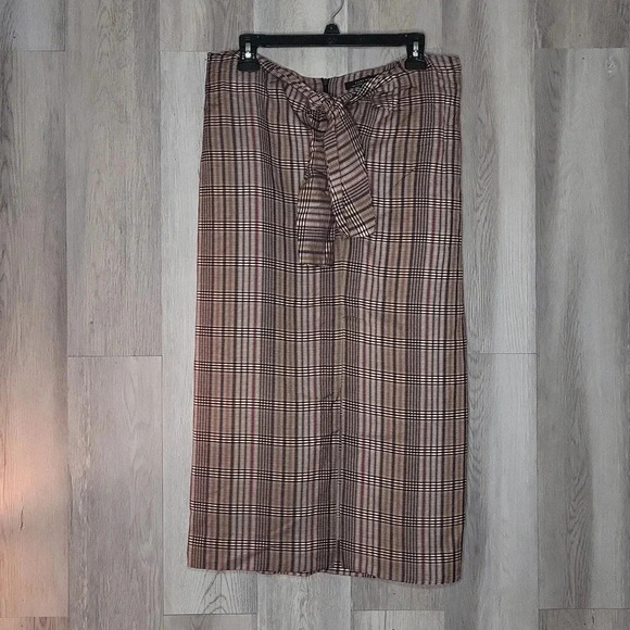 🛍Zara Woman Brown Plaid Tie Front Back Zip Pencil Skirt Womens Size Medium‎ - Picture 1 of 10